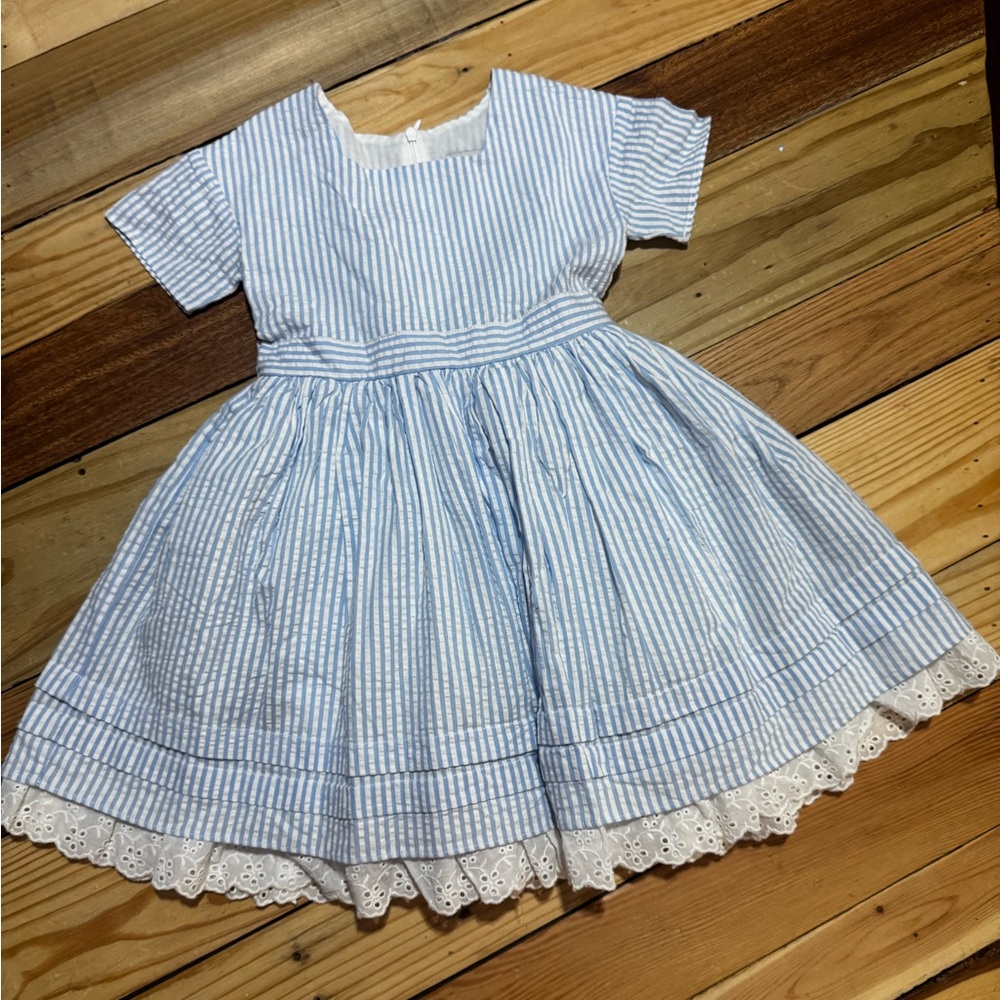 Striped Blue and White Kids Dress with Lace Trim